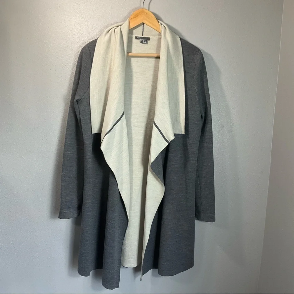 VINCE Two Tone Drape Open Front Wool Gray Cardigan merino wool blend size Small